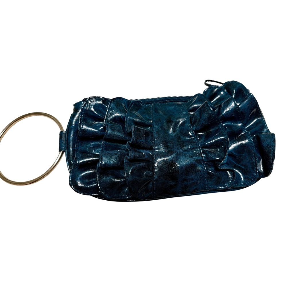 Chateau Teal Clutch 3D Ruffle Pop Wearable Art Metal Handle Faux Leather Y2K Bag